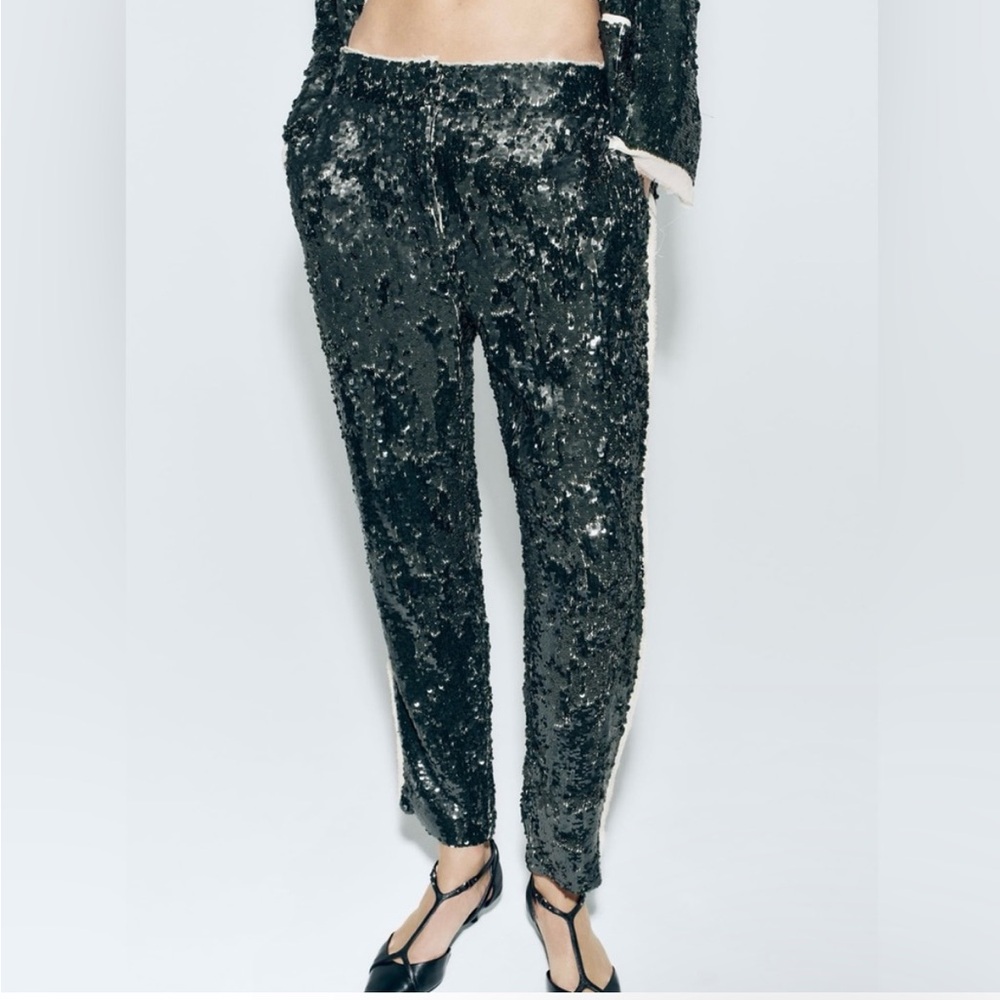 Zara Sequined green pants with chiffon details sz.S